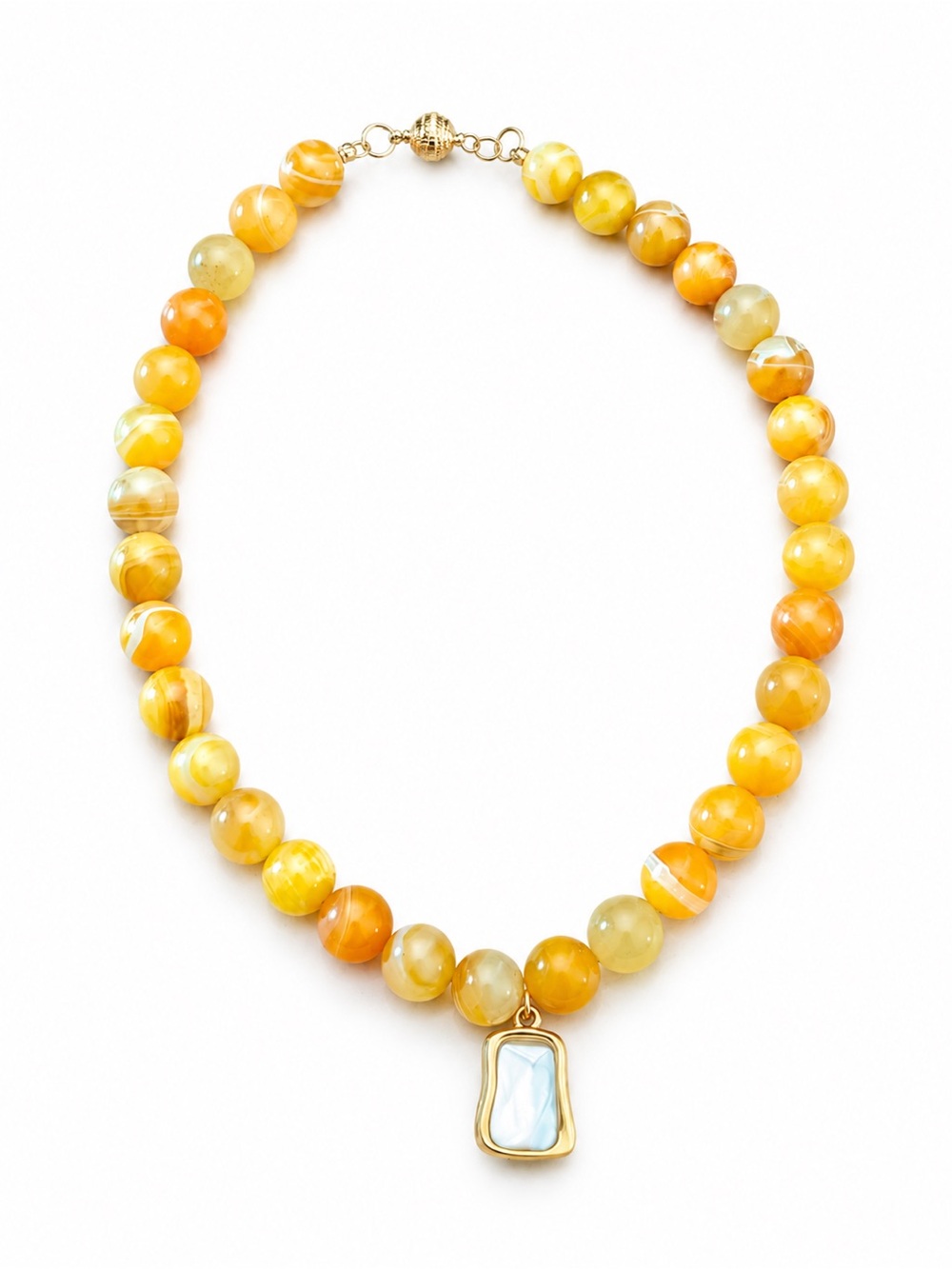 Handmade Yellow Beaded Agate Glass Pendant Necklace 18 inch Faux Pearl Pendant